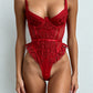 KO – Heart-Pattern Rouge Lace Bodysuit - Rouge