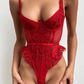 KO – Heart-Pattern Rouge Lace Bodysuit - Rouge