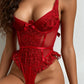 KO – Heart-Pattern Rouge Lace Bodysuit - Rouge