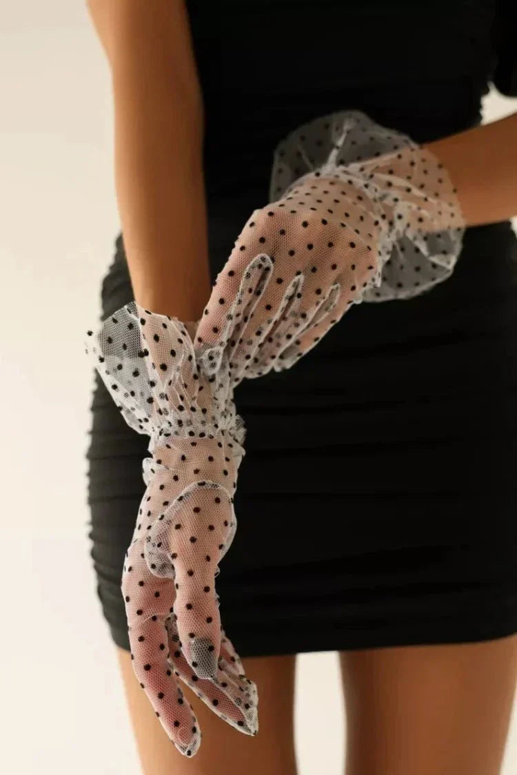 RIA – Dotted Tulle & Lace Cuff Gloves - Noir