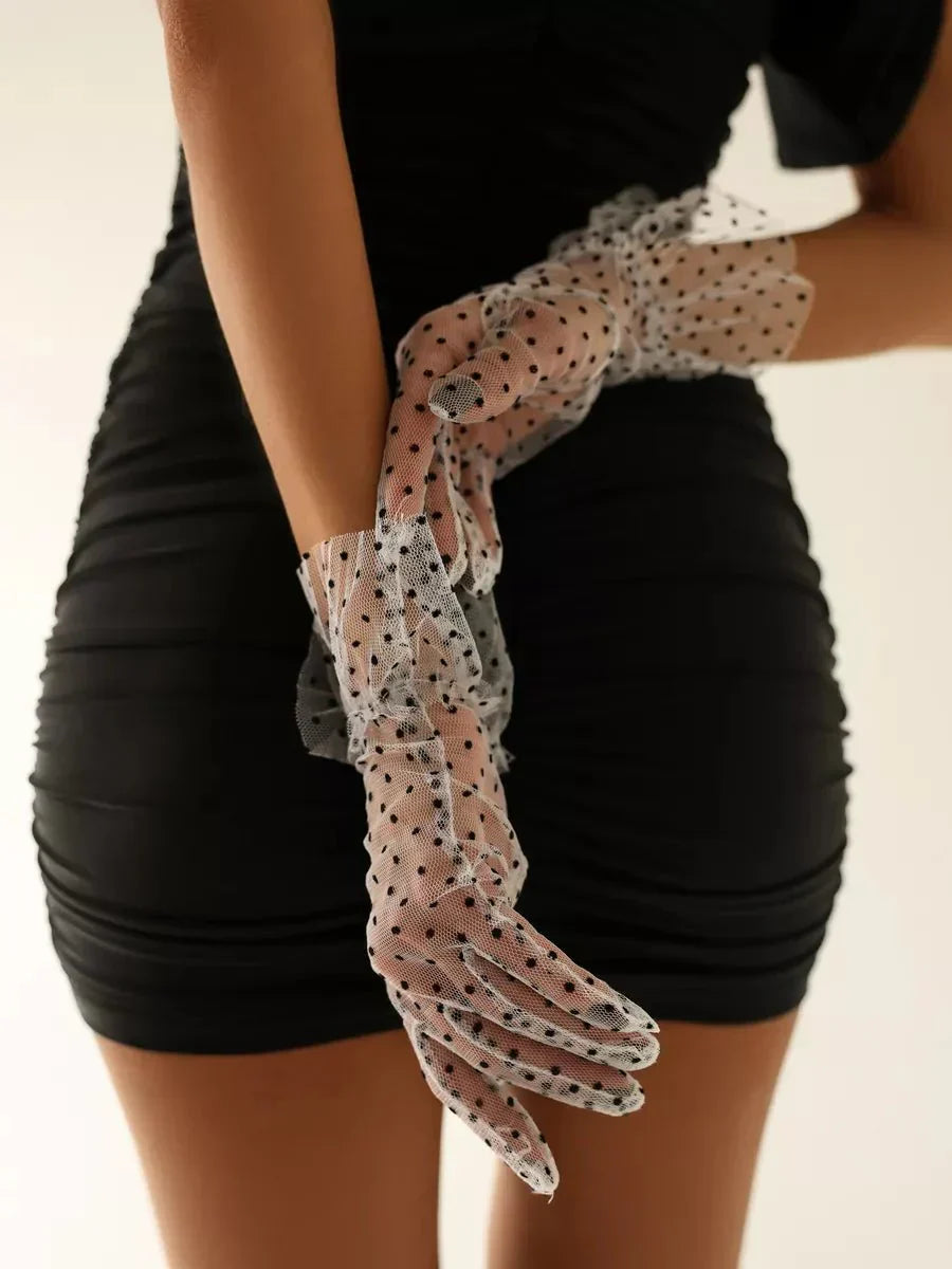 RIA – Dotted Tulle & Lace Cuff Gloves - Noir