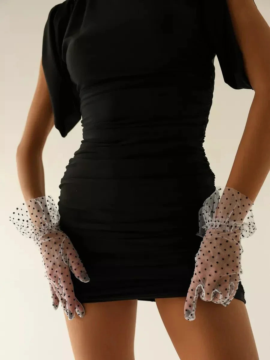 RIA – Dotted Tulle & Lace Cuff Gloves - Noir
