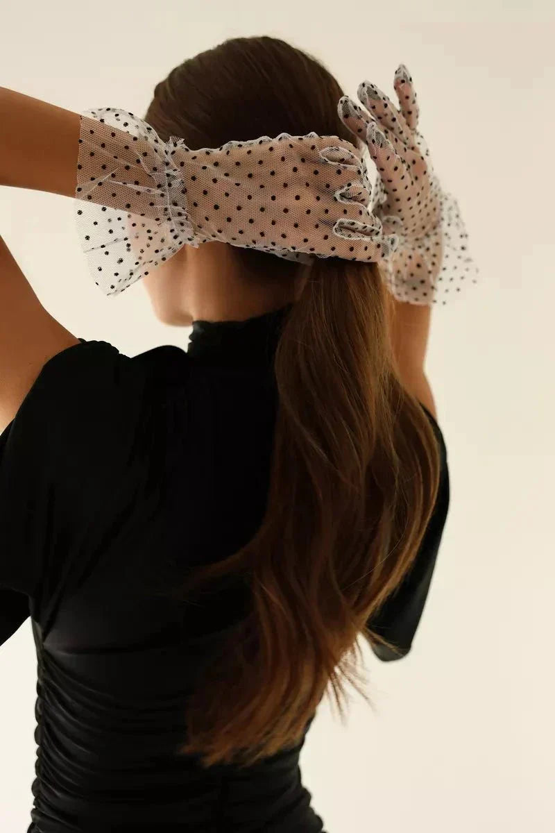 RIA – Dotted Tulle & Lace Cuff Gloves - Noir