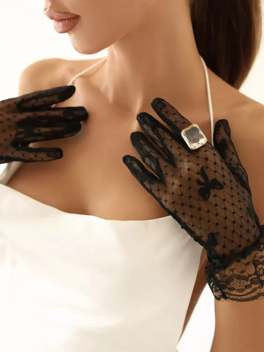 RUE – Dotted Tulle & Lace Cuff Gloves - Noir