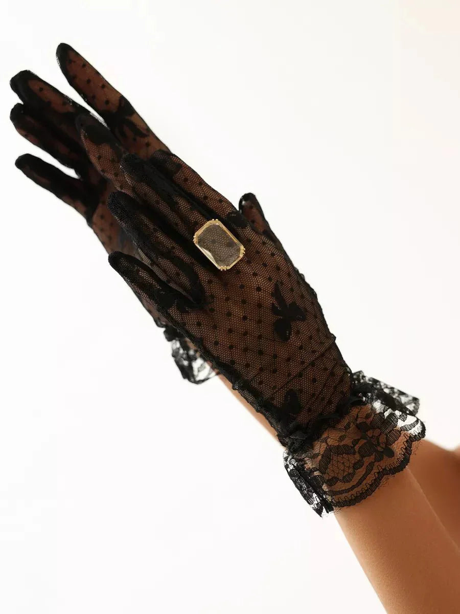 RUE – Dotted Tulle & Lace Cuff Gloves - Noir