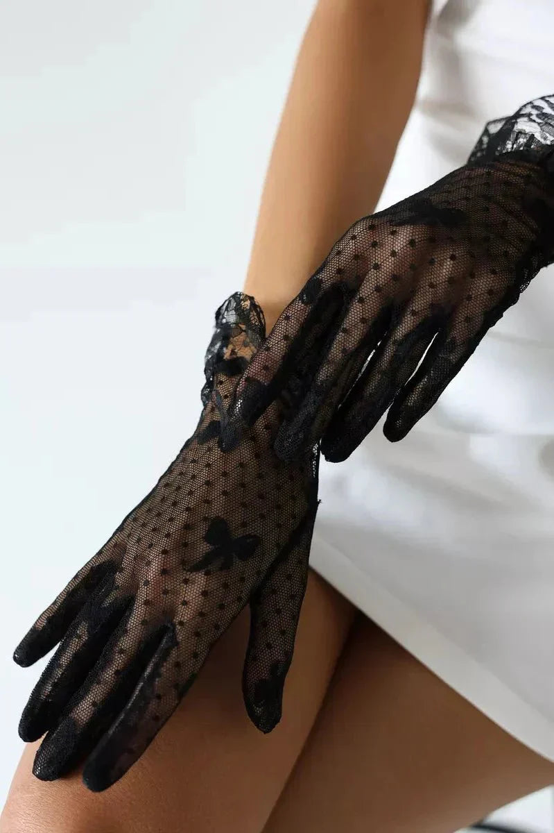 RUE – Dotted Tulle & Lace Cuff Gloves - Noir