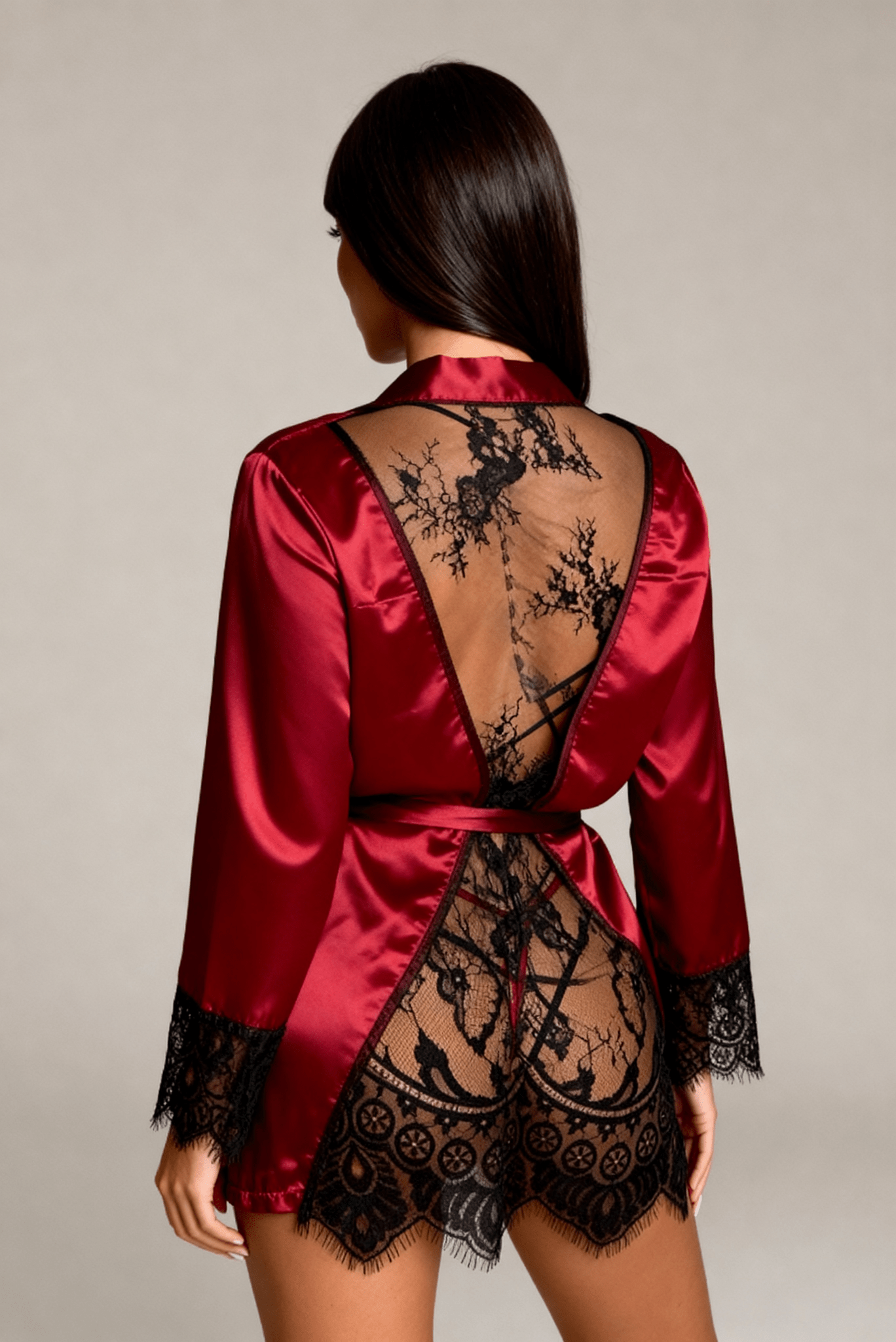 CARLOTTA – Kırmızı Saten ve Dantel Sırtlı Kimono - Kırmızı ve Siyah