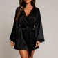 SERAPHINA – Dantel Detaylı Siyah Saten Kimono - Siyah