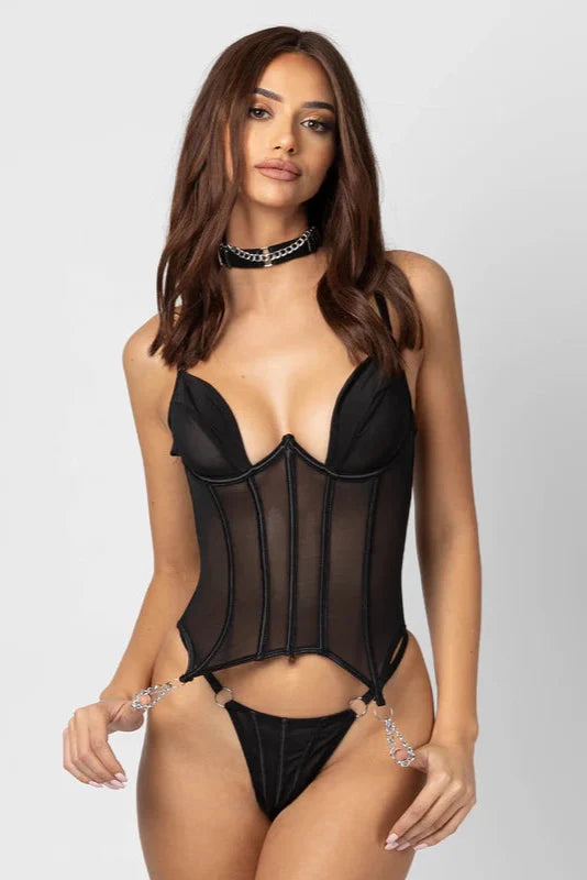 SADIE – Sheer Lace-Up Corset & Choker Set - Noir