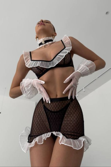 NANA – Contrast Ruffled Mesh Maid Costume - Noir